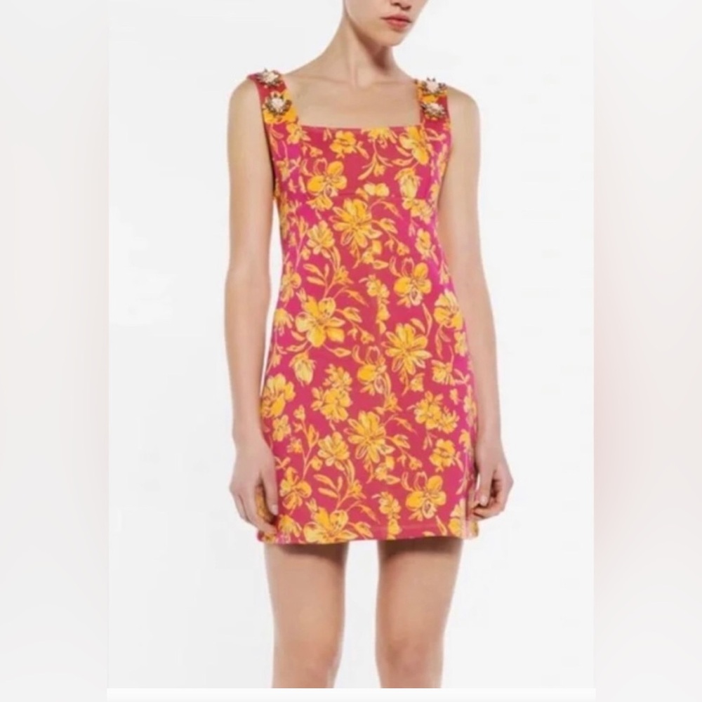 Zara jewel jacquard mini pink/yellow floral print rhinestone detail dress Size M